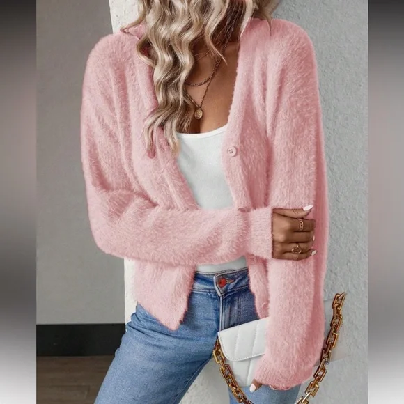 Women's Fuzzy Watermelon Pink Cardigan Sweater
